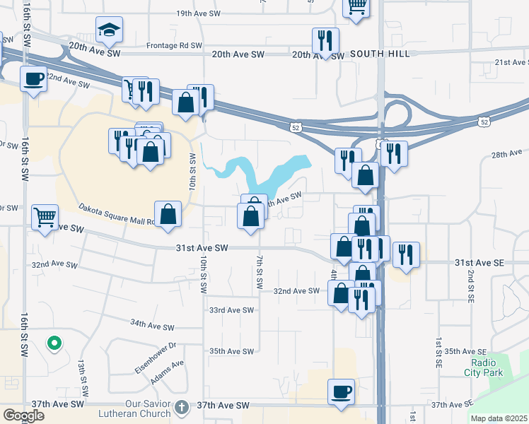 map of restaurants, bars, coffee shops, grocery stores, and more near 2805 7th Street Southwest in Minot