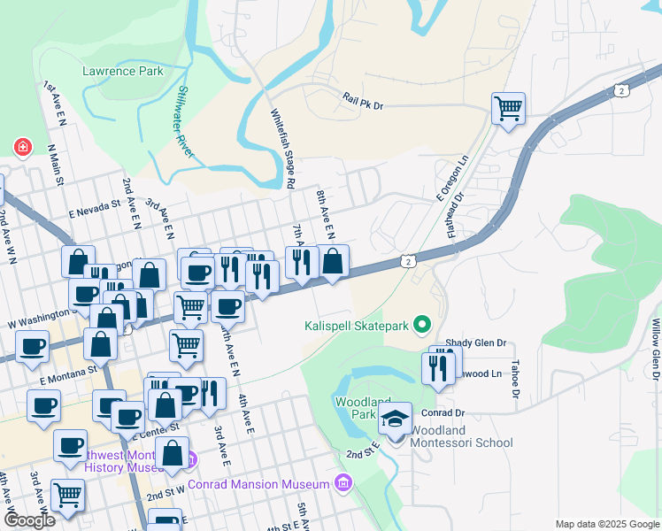 map of restaurants, bars, coffee shops, grocery stores, and more near 727 East Idaho Street in Kalispell