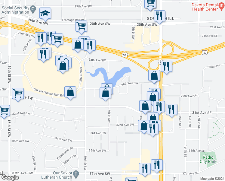map of restaurants, bars, coffee shops, grocery stores, and more near 2808 6th Street Southwest in Minot