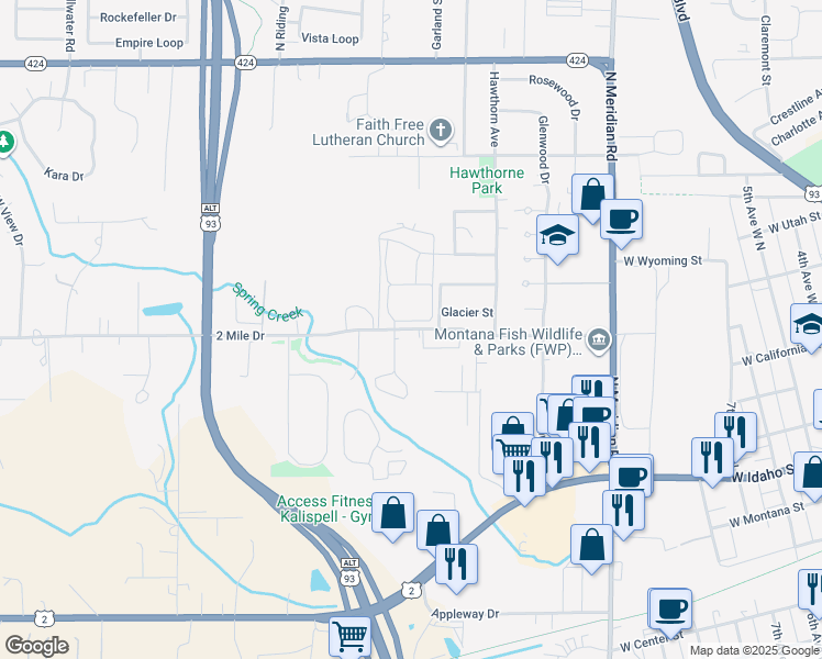 map of restaurants, bars, coffee shops, grocery stores, and more near 308 2 Mile Drive in Kalispell
