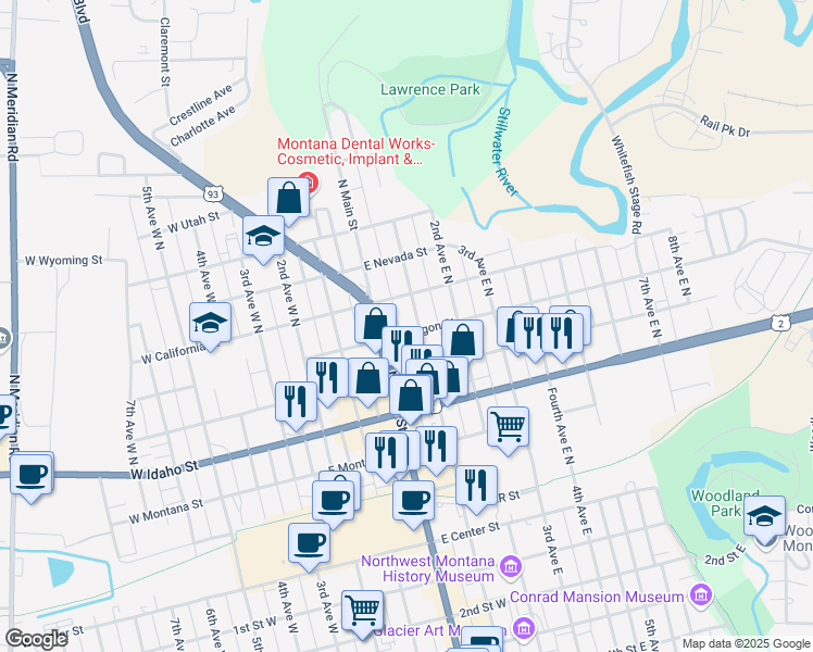 map of restaurants, bars, coffee shops, grocery stores, and more near 454 1st Avenue East North in Kalispell