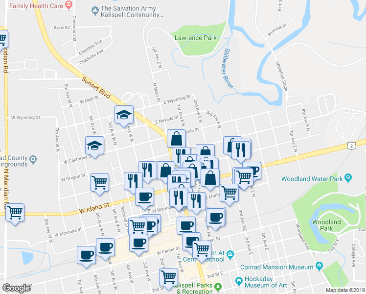 map of restaurants, bars, coffee shops, grocery stores, and more near 454 1st Avenue East North in Kalispell