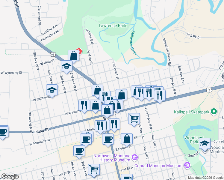 map of restaurants, bars, coffee shops, grocery stores, and more near 377 1st Avenue East North in Kalispell