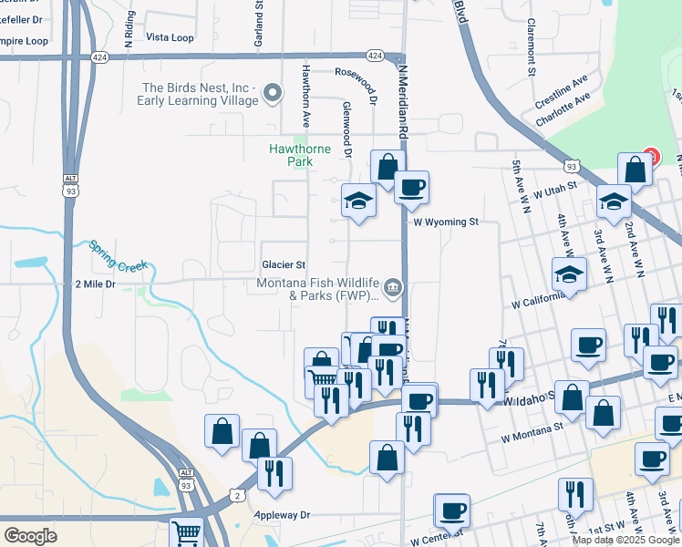 map of restaurants, bars, coffee shops, grocery stores, and more near 151 2 Mile Drive in Kalispell