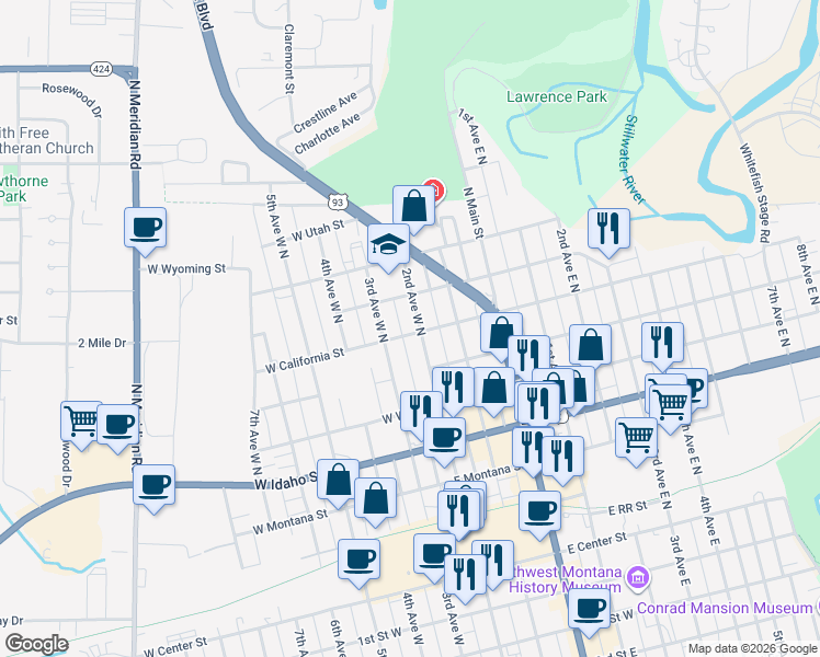 map of restaurants, bars, coffee shops, grocery stores, and more near 488 2nd Avenue West North in Kalispell