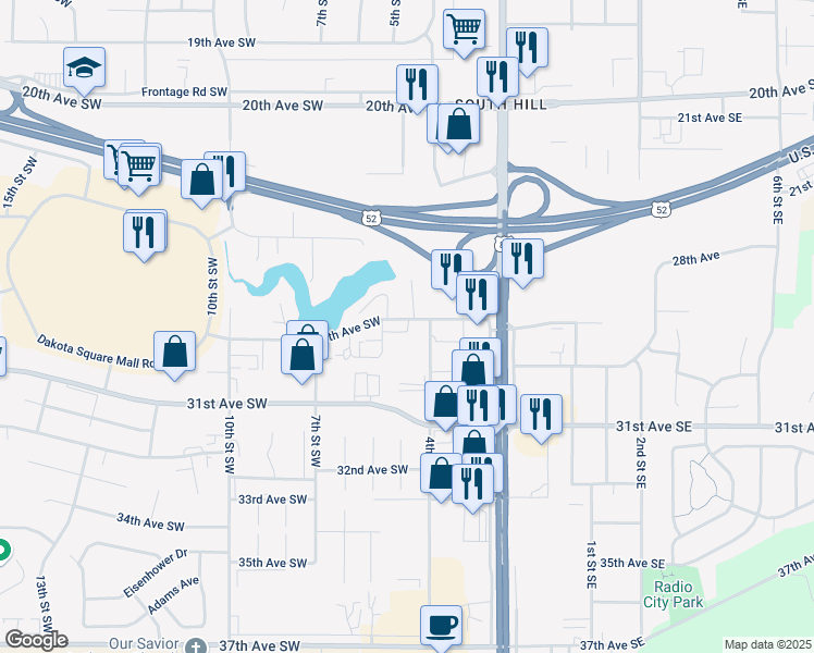 map of restaurants, bars, coffee shops, grocery stores, and more near 512 28th Avenue Southwest in Minot