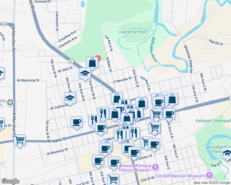 map of restaurants, bars, coffee shops, grocery stores, and more near 500 North Main Street in Kalispell