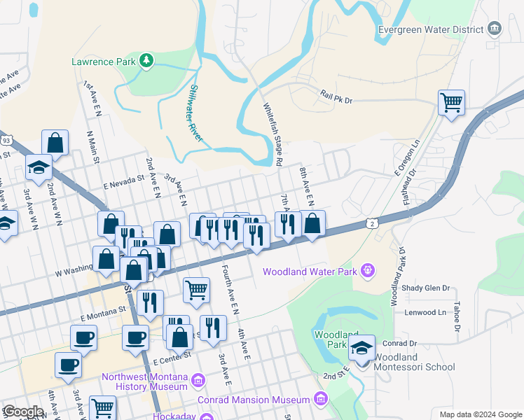 map of restaurants, bars, coffee shops, grocery stores, and more near 376 6th Avenue East N in Kalispell
