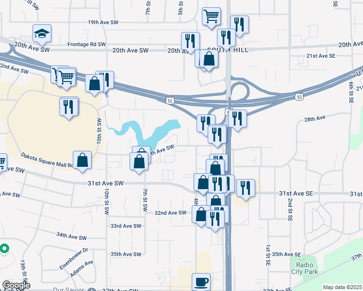 map of restaurants, bars, coffee shops, grocery stores, and more near 512 28th Avenue Southwest in Minot