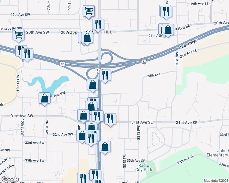 map of restaurants, bars, coffee shops, grocery stores, and more near 10 28th Avenue Southwest in Minot