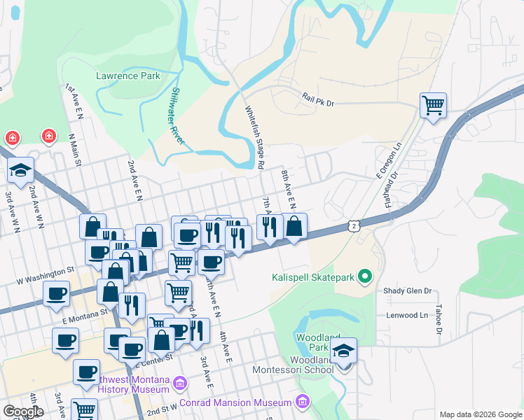 map of restaurants, bars, coffee shops, grocery stores, and more near 640 East Oregon Street in Kalispell