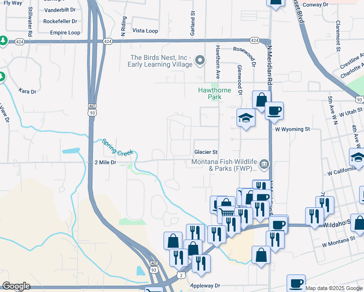 map of restaurants, bars, coffee shops, grocery stores, and more near 22 Yellowstone Street in Kalispell