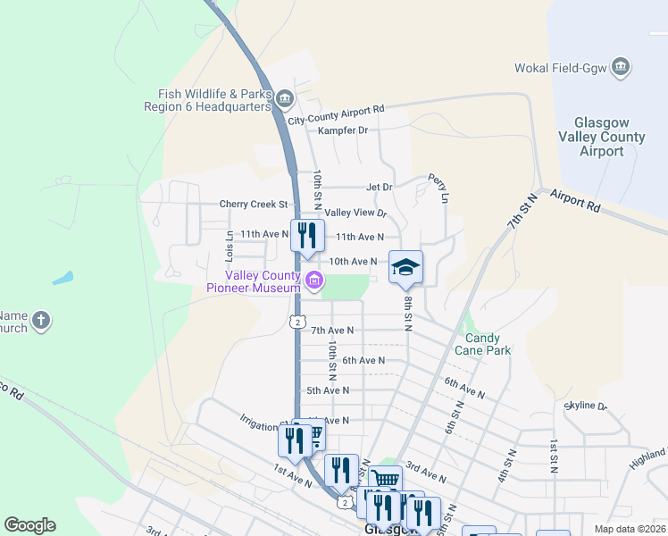 map of restaurants, bars, coffee shops, grocery stores, and more near 927 10th Avenue North in Glasgow
