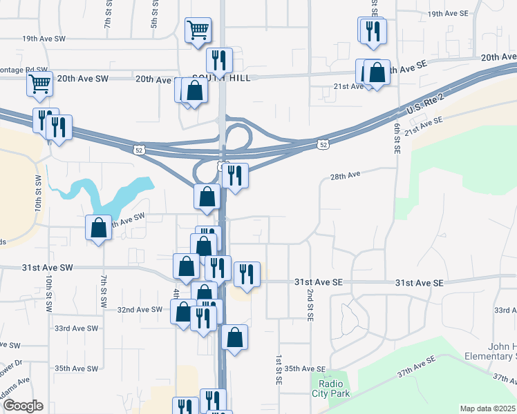 map of restaurants, bars, coffee shops, grocery stores, and more near 10 28th Avenue Southwest in Minot