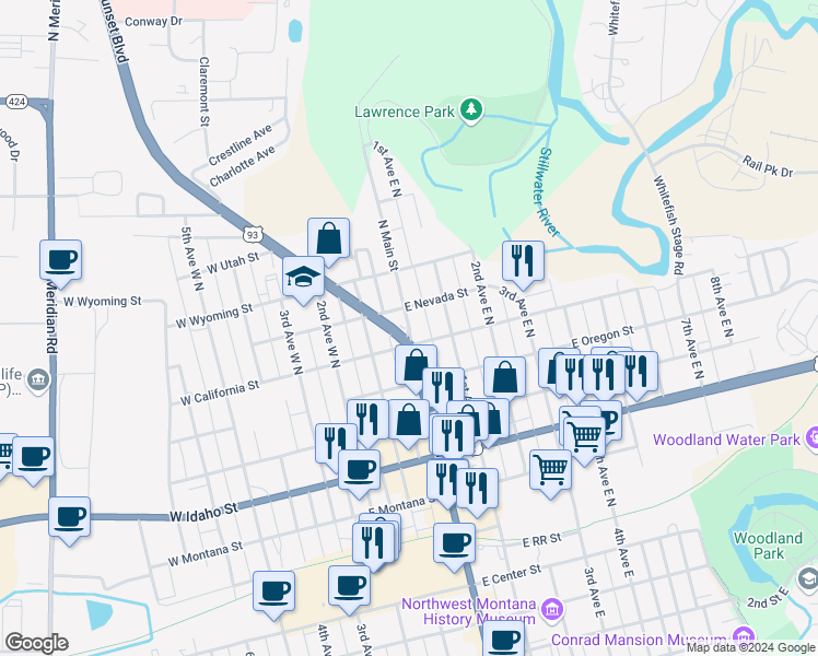 map of restaurants, bars, coffee shops, grocery stores, and more near North Main Street in Kalispell