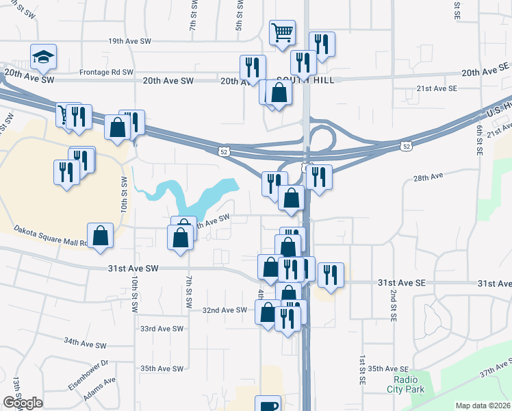 map of restaurants, bars, coffee shops, grocery stores, and more near 410 28th Avenue Southwest in Minot