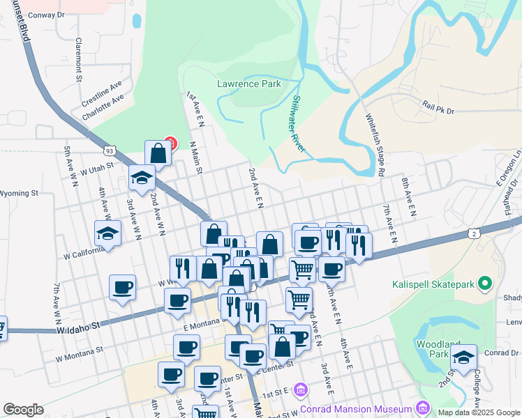 map of restaurants, bars, coffee shops, grocery stores, and more near 199 E California St in Kalispell