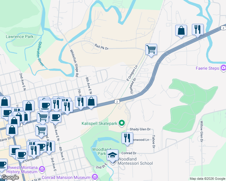 map of restaurants, bars, coffee shops, grocery stores, and more near 1100 East Oregon Street in Kalispell