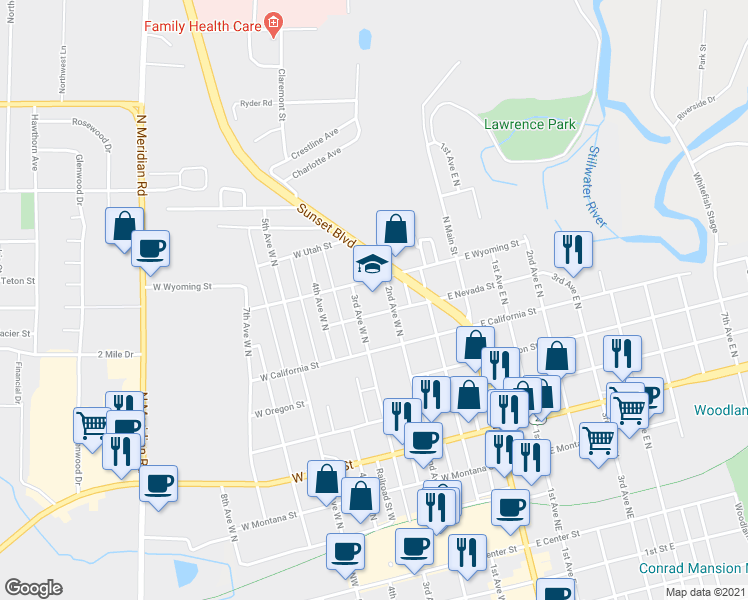 map of restaurants, bars, coffee shops, grocery stores, and more near 227 West Nevada Street in Kalispell