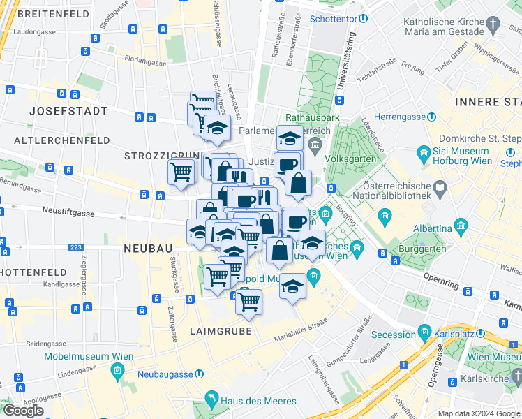 map of restaurants, bars, coffee shops, grocery stores, and more near 7 Museumstraße in Wien