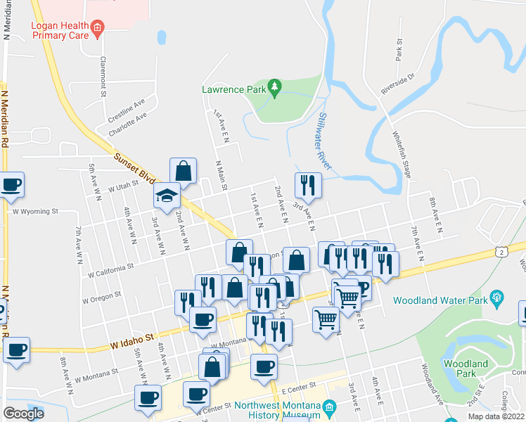 map of restaurants, bars, coffee shops, grocery stores, and more near 593 1st Avenue East North in Kalispell