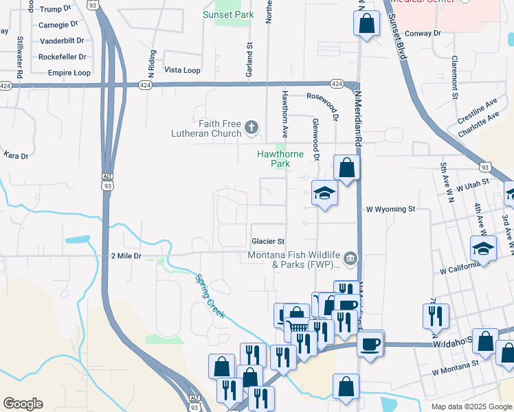 map of restaurants, bars, coffee shops, grocery stores, and more near 11 Iris Court in Kalispell
