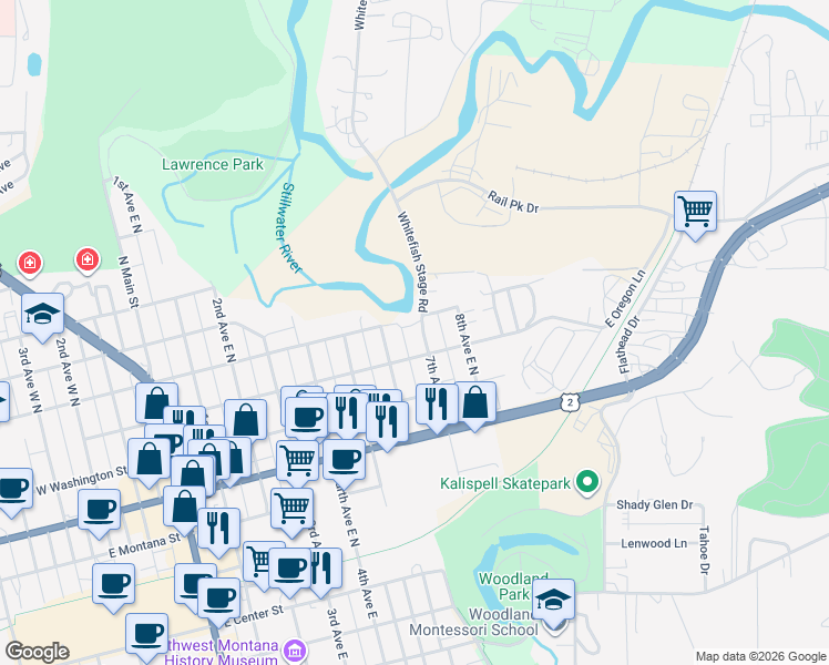 map of restaurants, bars, coffee shops, grocery stores, and more near 562-754 Whitefish Stage Road in Kalispell