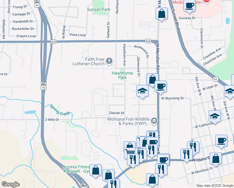 map of restaurants, bars, coffee shops, grocery stores, and more near 11 Iris Court in Kalispell