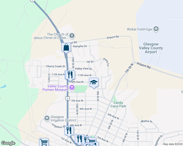 map of restaurants, bars, coffee shops, grocery stores, and more near 1120 Valley View Drive in Glasgow