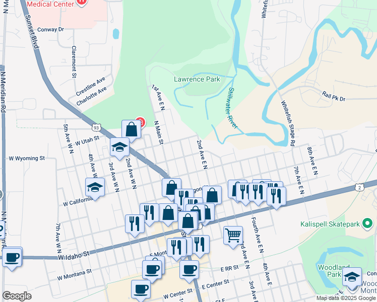 map of restaurants, bars, coffee shops, grocery stores, and more near 667 1st Ave E N in Kalispell
