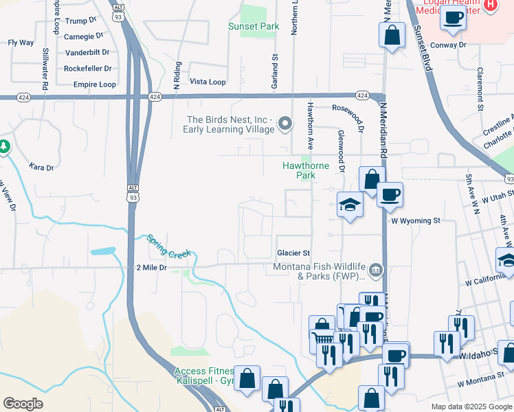 map of restaurants, bars, coffee shops, grocery stores, and more near 700 Liberty St in Kalispell