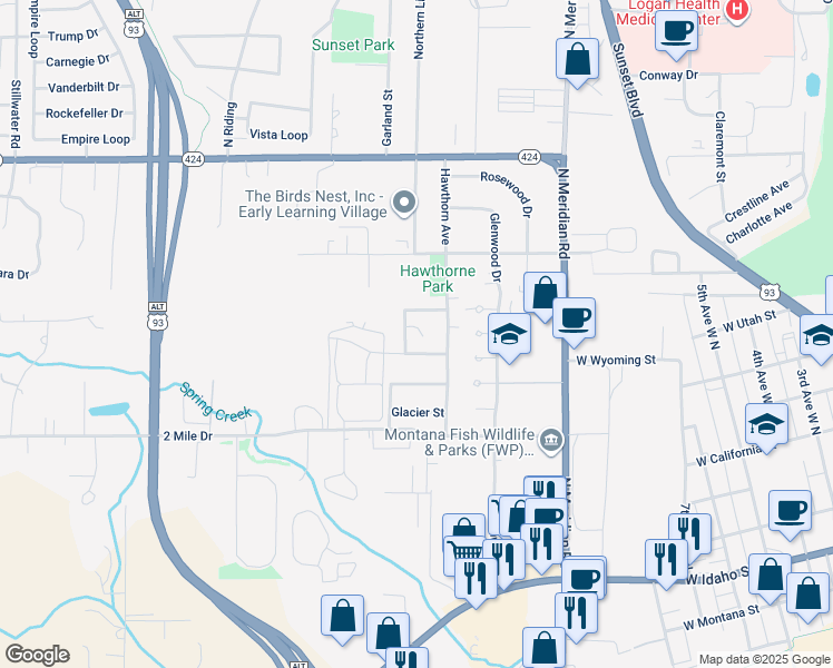 map of restaurants, bars, coffee shops, grocery stores, and more near 11 Iris Court in Kalispell