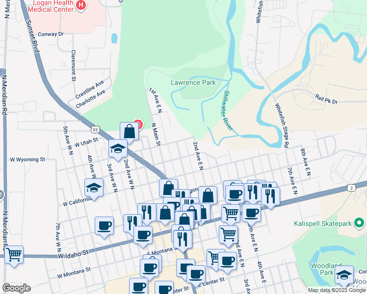 map of restaurants, bars, coffee shops, grocery stores, and more near 667 1st Avenue East North in Kalispell