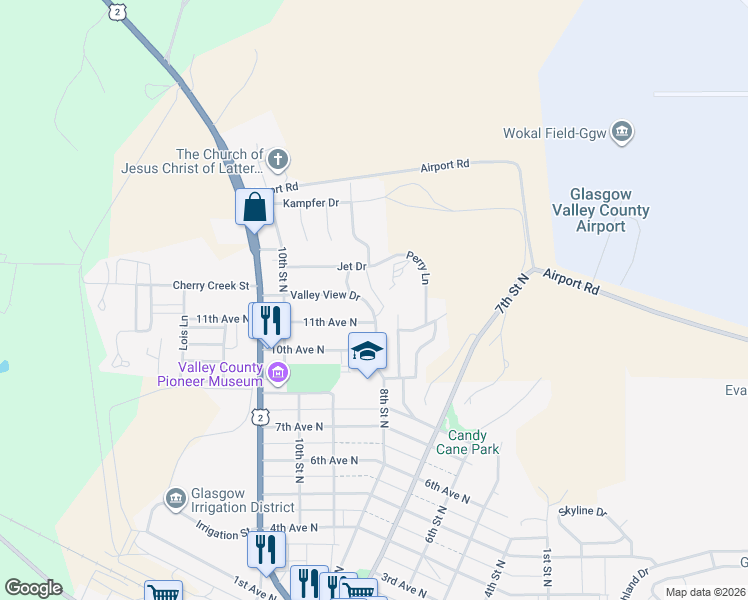 map of restaurants, bars, coffee shops, grocery stores, and more near 1120 Valley View Drive in Glasgow