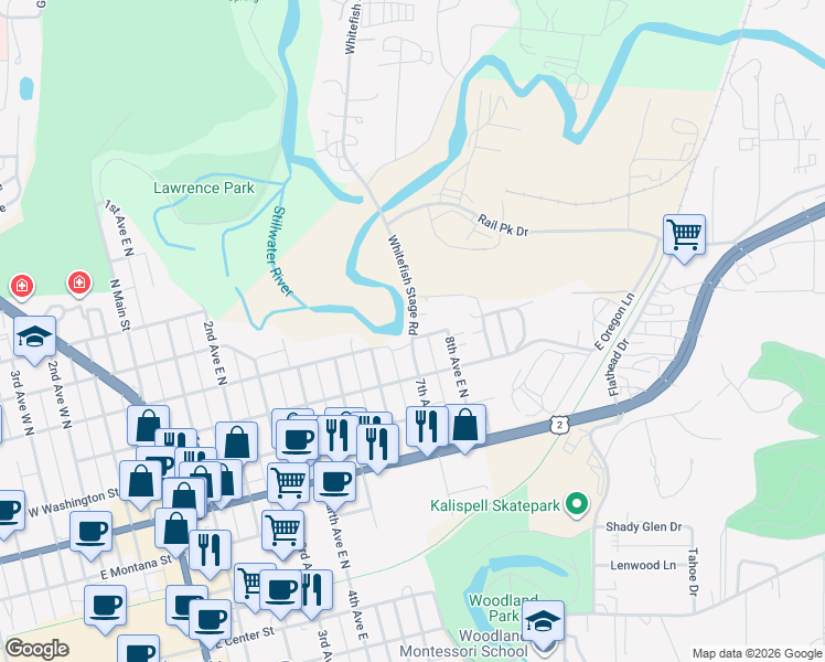 map of restaurants, bars, coffee shops, grocery stores, and more near 562 Whitefish Stage Road in Kalispell