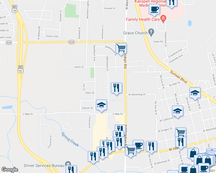 map of restaurants, bars, coffee shops, grocery stores, and more near 160 Glenwood Drive in Kalispell
