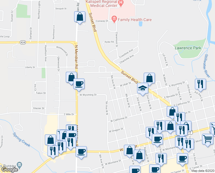 map of restaurants, bars, coffee shops, grocery stores, and more near 535 West Utah Street in Kalispell