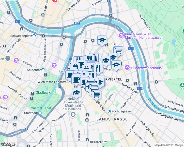 map of restaurants, bars, coffee shops, grocery stores, and more near 5 Marxergasse in Vienna