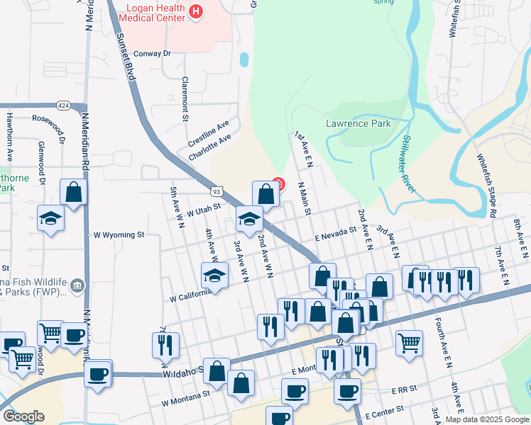 map of restaurants, bars, coffee shops, grocery stores, and more near 4 Sunset Plaza in Kalispell