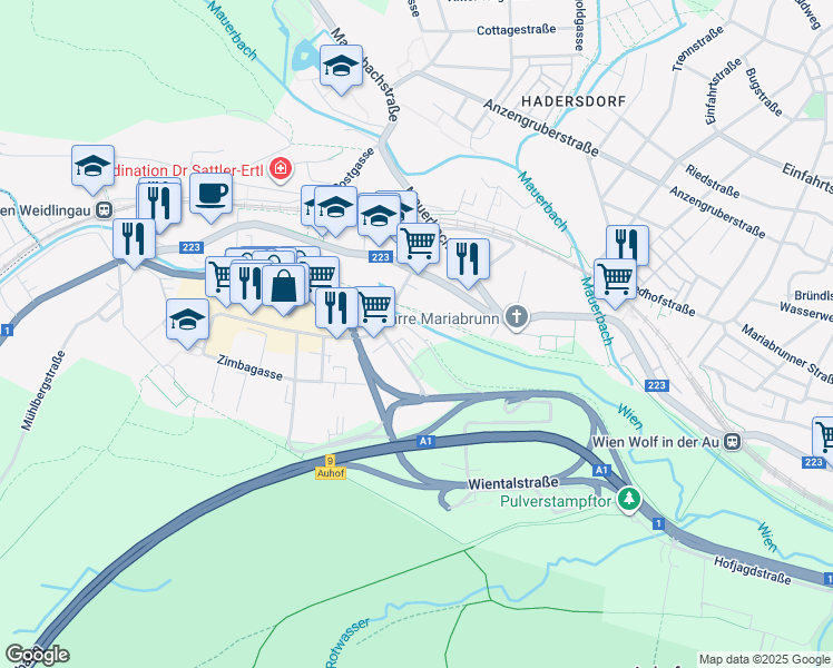 map of restaurants, bars, coffee shops, grocery stores, and more near 6 Albert-Schweitzer-Gasse in Wien