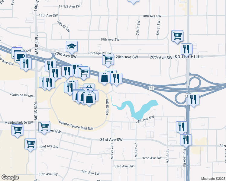 map of restaurants, bars, coffee shops, grocery stores, and more near 2400 10th Street Southwest in Minot