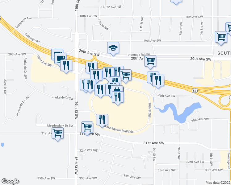 map of restaurants, bars, coffee shops, grocery stores, and more near 2400 10th Street Southwest in Minot