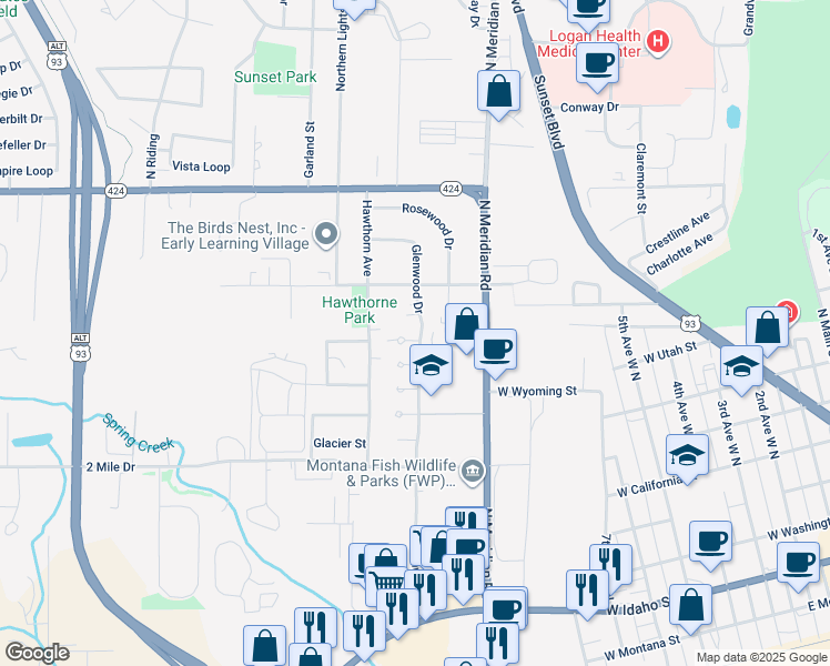 map of restaurants, bars, coffee shops, grocery stores, and more near 160 Glenwood Drive in Kalispell
