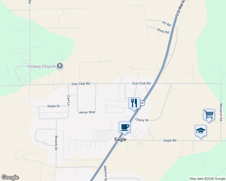 map of restaurants, bars, coffee shops, grocery stores, and more near 249 Gun Club Road in Sagle