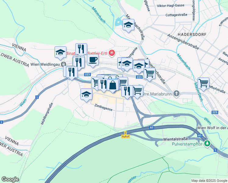 map of restaurants, bars, coffee shops, grocery stores, and more near 6 Albert-Schweitzer-Gasse in Wien