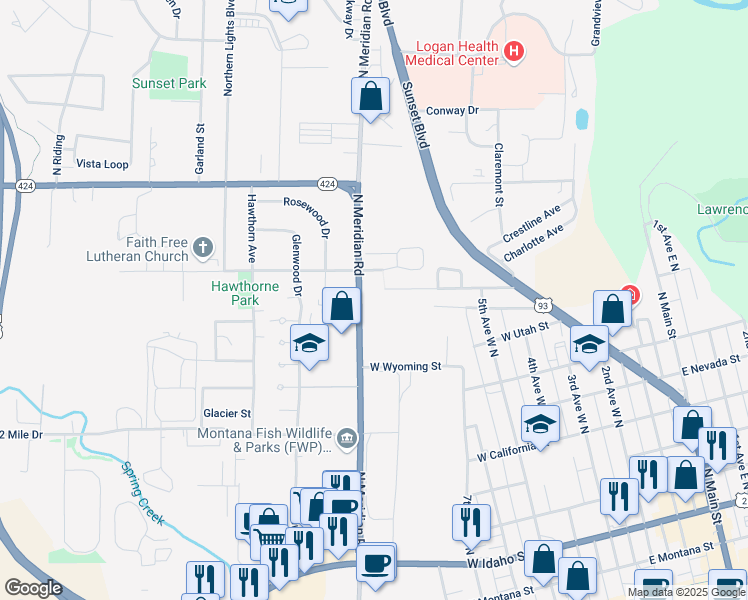 map of restaurants, bars, coffee shops, grocery stores, and more near 955 North Meridian Road in Kalispell
