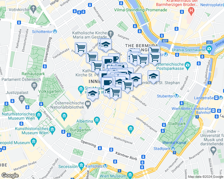 map of restaurants, bars, coffee shops, grocery stores, and more near 10 Graben in Vienna