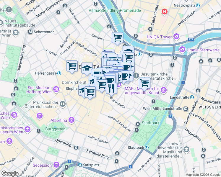 map of restaurants, bars, coffee shops, grocery stores, and more near 7 Museumstraße in Wien