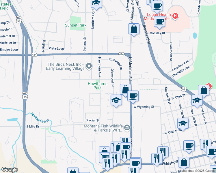 map of restaurants, bars, coffee shops, grocery stores, and more near 194 Glenwood Drive in Kalispell