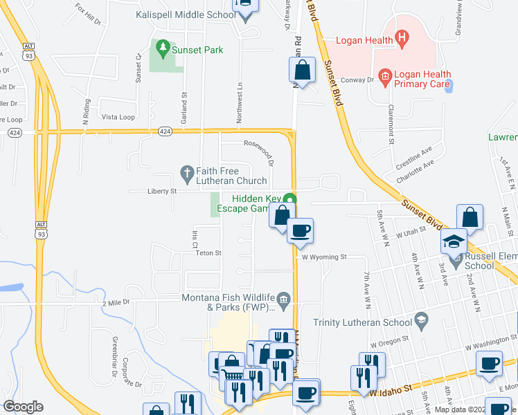 map of restaurants, bars, coffee shops, grocery stores, and more near 179 Glenwood Drive in Kalispell